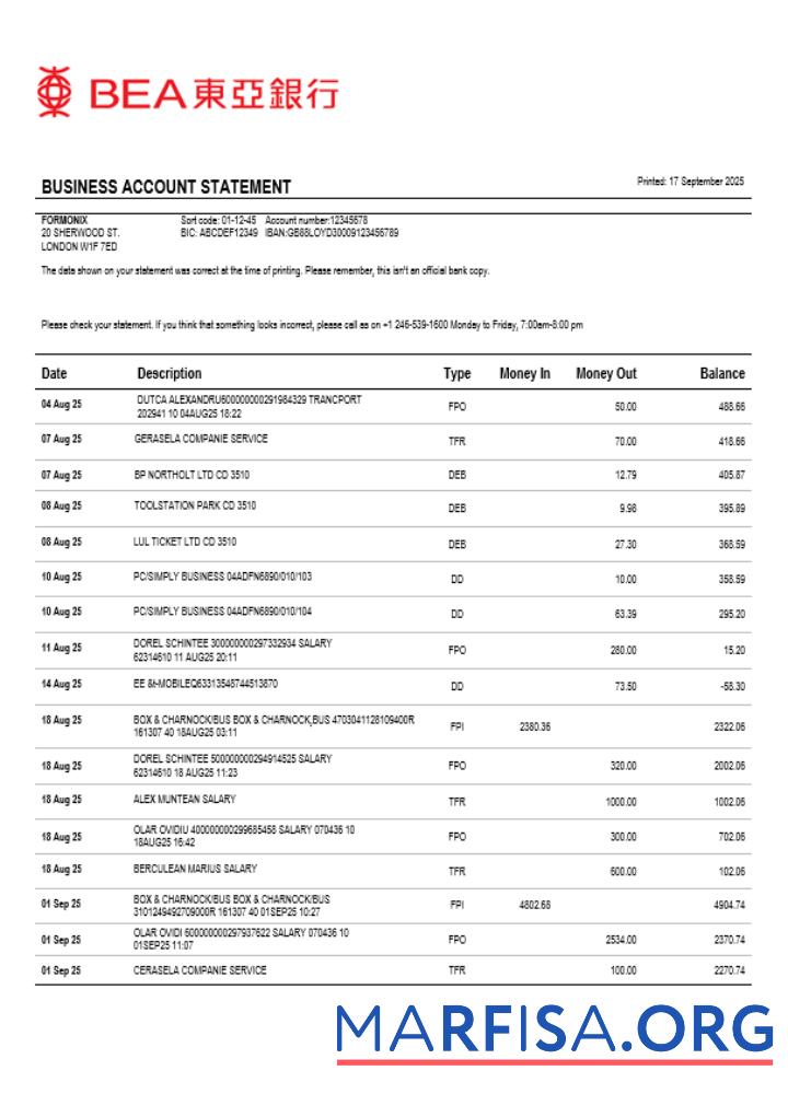 Blank Hong Kong BEA business bank statement Word and PDF format template